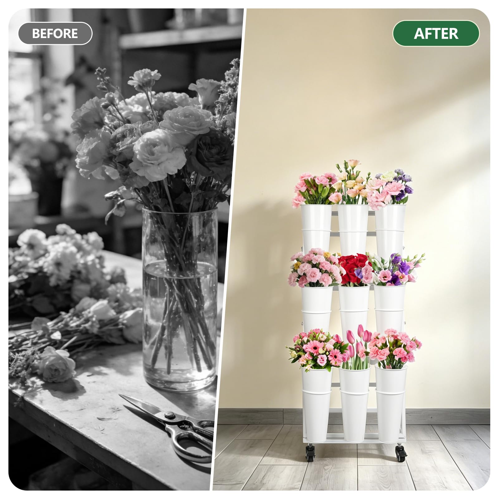 Blumenständer aus Metall mit 9 Eimern, Blumenwagen mit Rädern, Blumenbar für Hochzeit, Garten, Events, Party-Dekoration, Weiß