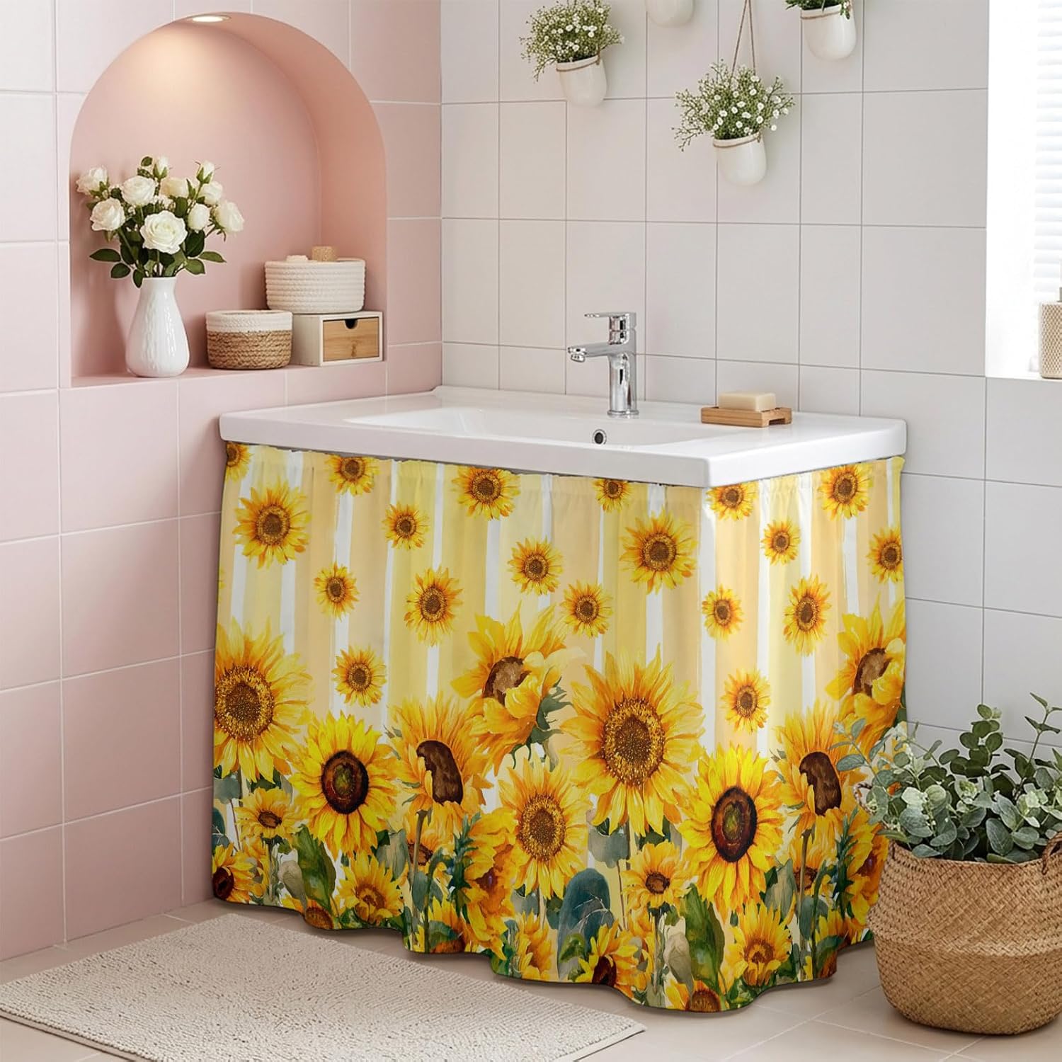 Cabinet Curtains 35x35inch Sink Skirt, Summer Sunflower Yellow Stripe Desk Skirt for Kitchen Bathroom Shelves, Pastoral Green Leaves Privacy Cabinet Curtain Self Stick Adhesive Under Sink Skirts