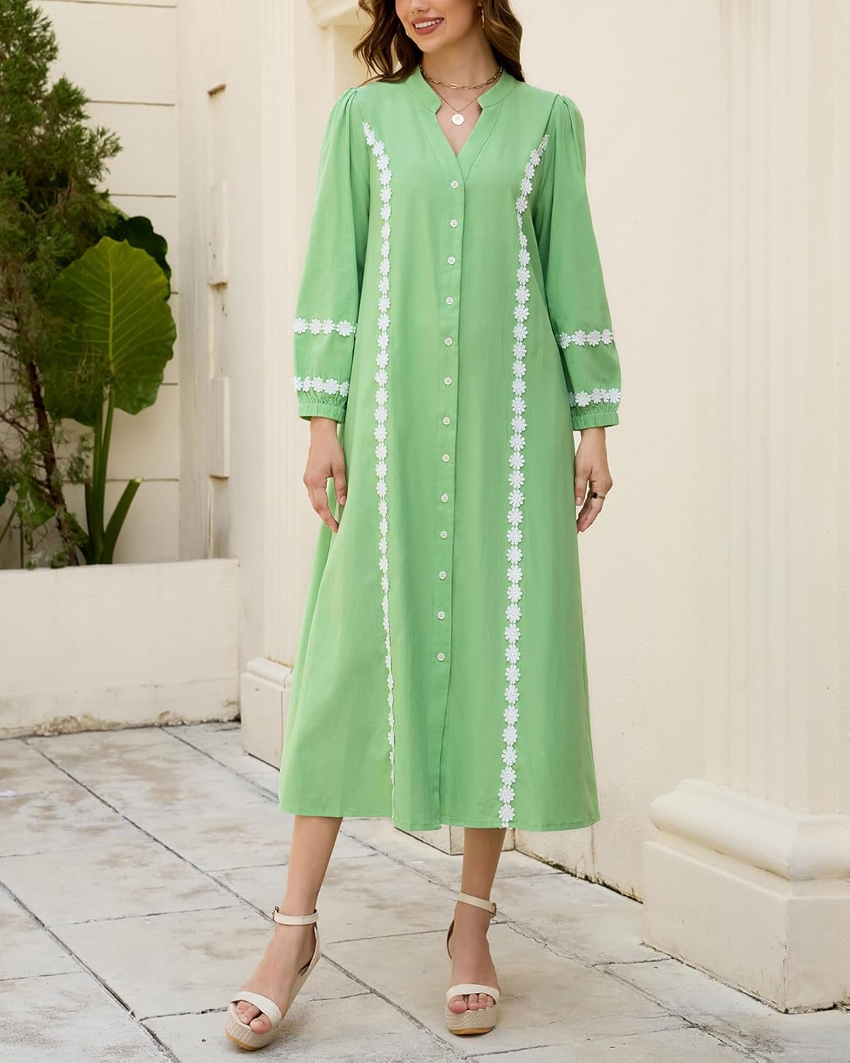 Women Button Down Maxi Dresses V Neck 3/4 Sleeve Lace Trim Kaftan Dress Fall Belted Long Shirt Dresses - Image 7