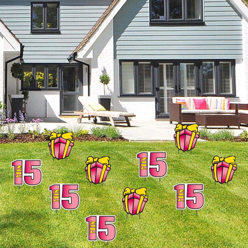 VictoryStore Yard Sign Outdoor Lawn Decorations: Quinceañera Pathway Markers - Quinceañera Yard Decorations with 20 Short Stakes (Pink-Yellow)
