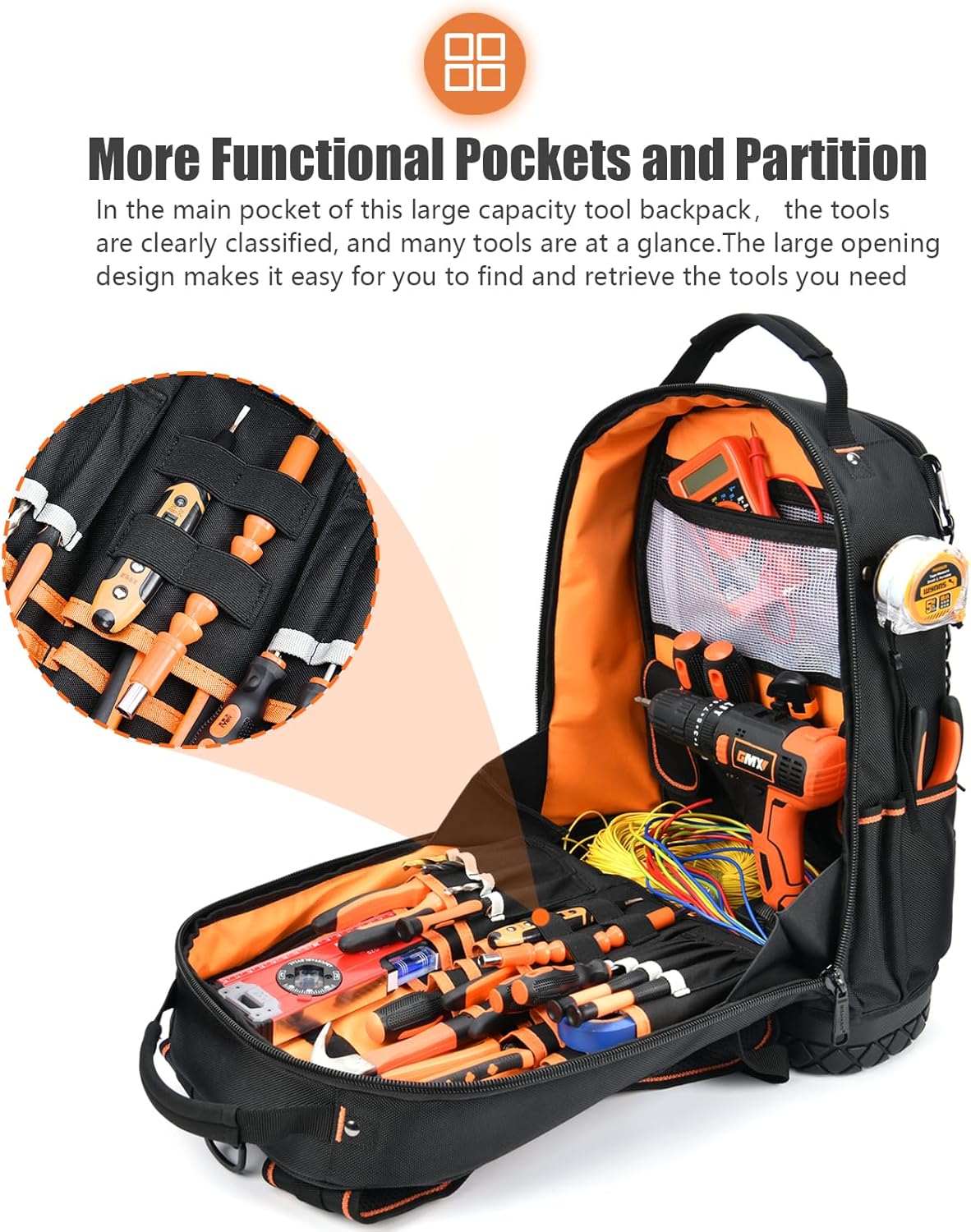 Tool Backpack Bag, HVAC Heavy Duty Construction Tools Backpack for Men, Professional Level Durable Tool Organizer, with Molded Base & Combination Lock, for Electricians & Home Repair