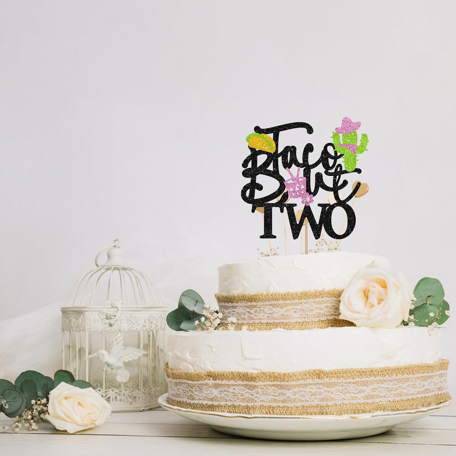 Taco Bout Two Cake Topper, Fiesta 2nd Birthday Cake Decor, Black Glitter Cactus 2 Years Old Cake Topper for Girl, Mexican Fiesta 2nd Birthday Party Decoration
