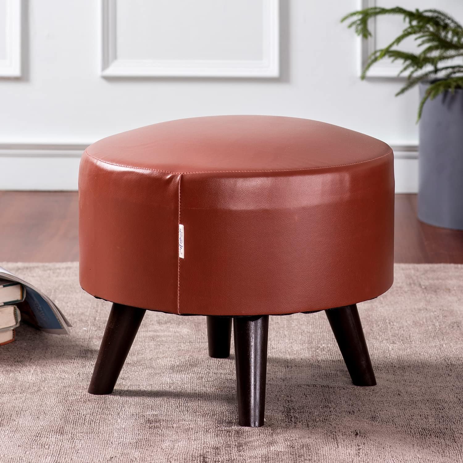 nestroots Leatherite Wooden Ottoman Stools for Living Room | Printed Pouffes for Sitting, Footrest with 4 Wooden Legs | 14 Inch Height, Tan | Stylish & Comfortable Furniture for Home Dcor