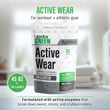 Rockin' Green Active Wear Sport Laundry Detergent Powder Unscented 90 Lds | Plant-based Enzyme Powered Laundry Detergent, Odor Eliminator, For Workout Clothes & Sportswear, Dermatologist Tested