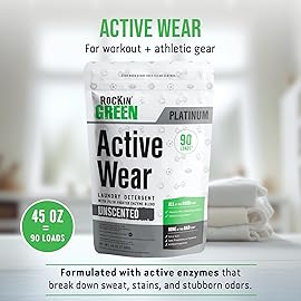Rockin Green Active Wear Laundry Detergent - Unscented Laundry Detergent Powder & Odor Eliminator - Workout Clothes & Sportswear - Safe for Sensitive Skin - 90 Loads