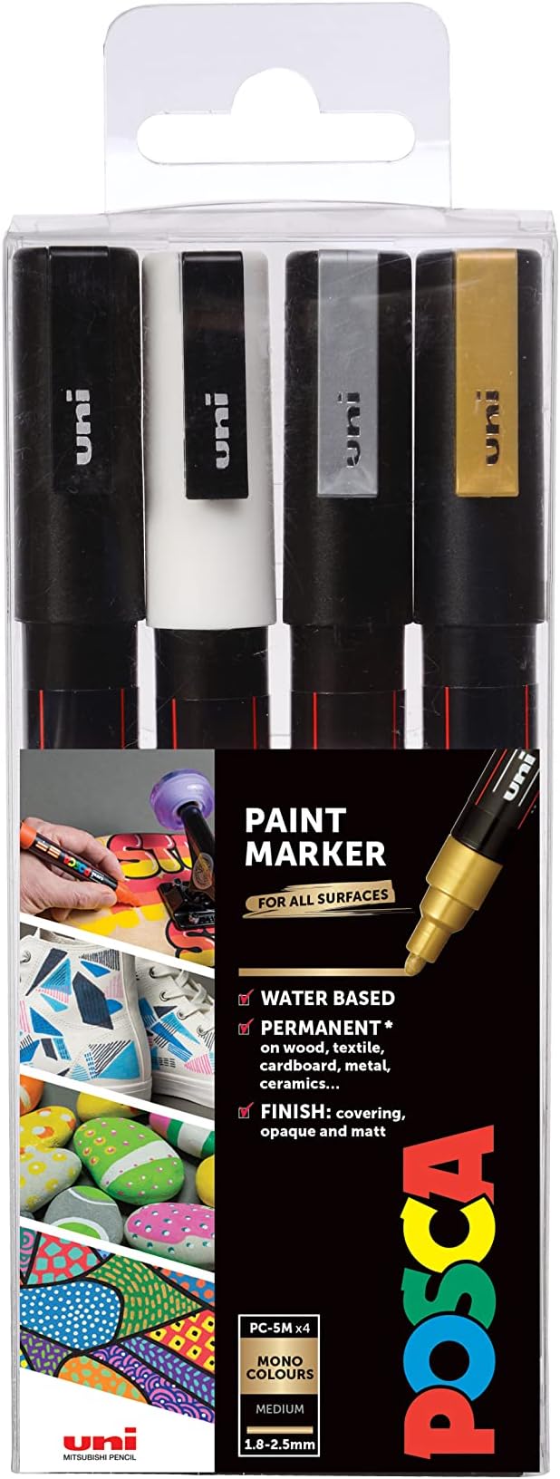 PC-3M Fine Tip 4 Standard Acrylic Paint Marker Pens, 4 Assorted Colours, For All Surfaces (Pack of 4 Pens)