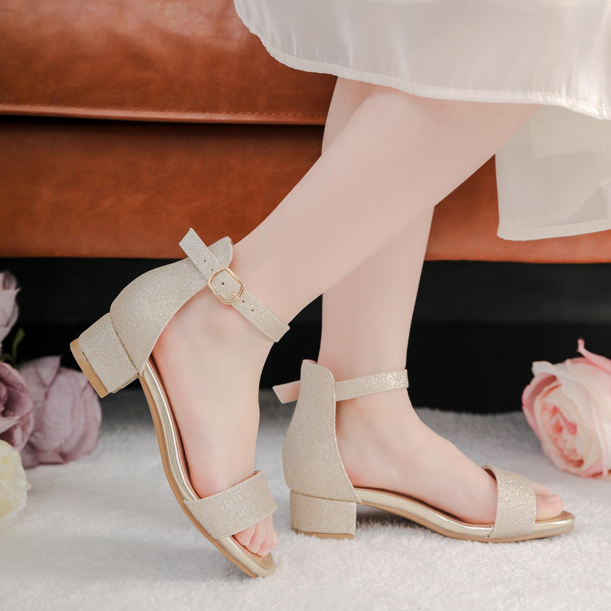 Dufannie Girls High Heels for Kids Heels Sandals for Girls Gold Shoes Pumps Fancy Big Kids Dress Shoes Size 3 Elegant Open Toe Tween Sandals Pageant Wedding Party Dance Church(3603Gold 3)