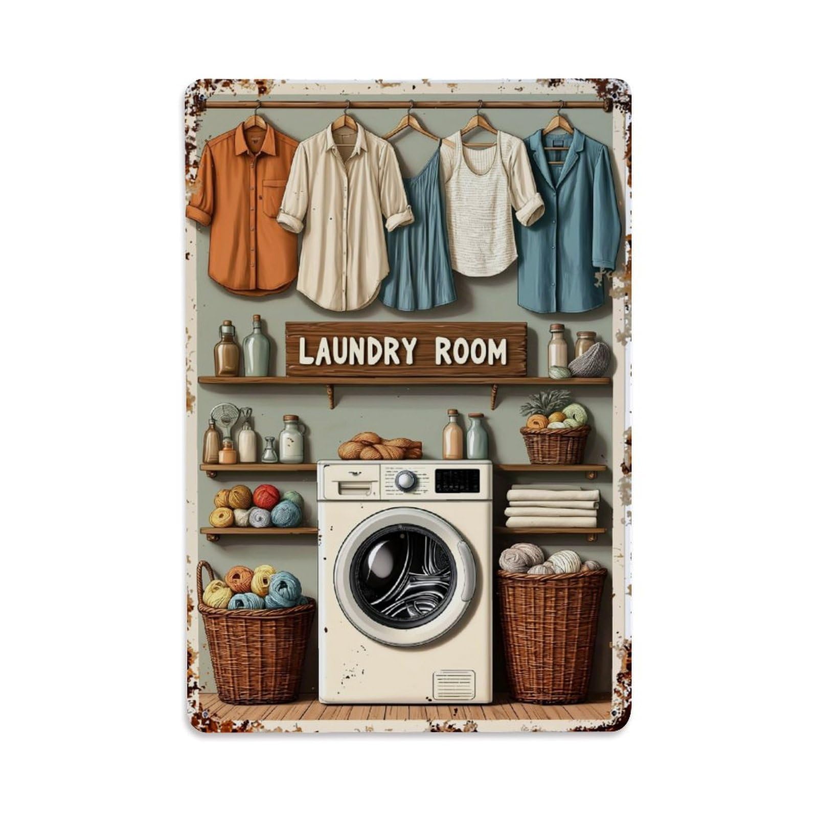 Jdyaojiesheng Vintage Rustic Laundry Room Scene Tin Sign Retro Metal Wall Decor Metal Poster, Home Bar Garage Farmhouse Cafe Wall Art Decoration 8X12inches