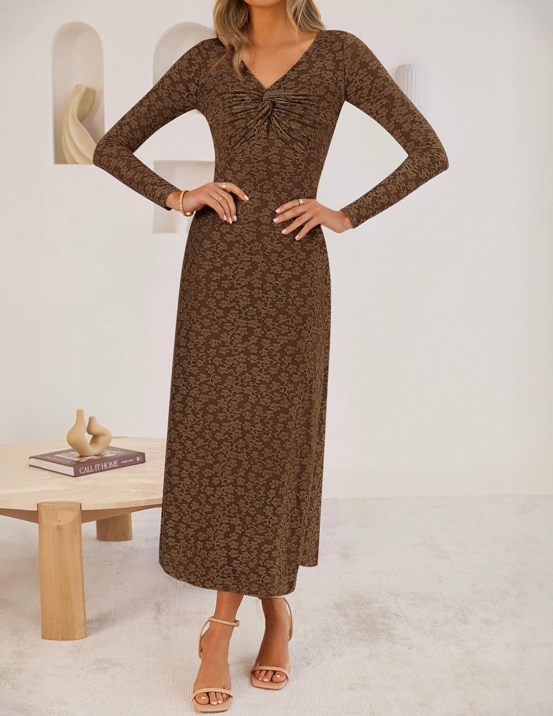 ZESICA Women's Fall Floral Long Sleeve Bodycon Dress 2026 Elegant V Neck Cocktail Party Long Midi Dresses - Image 5