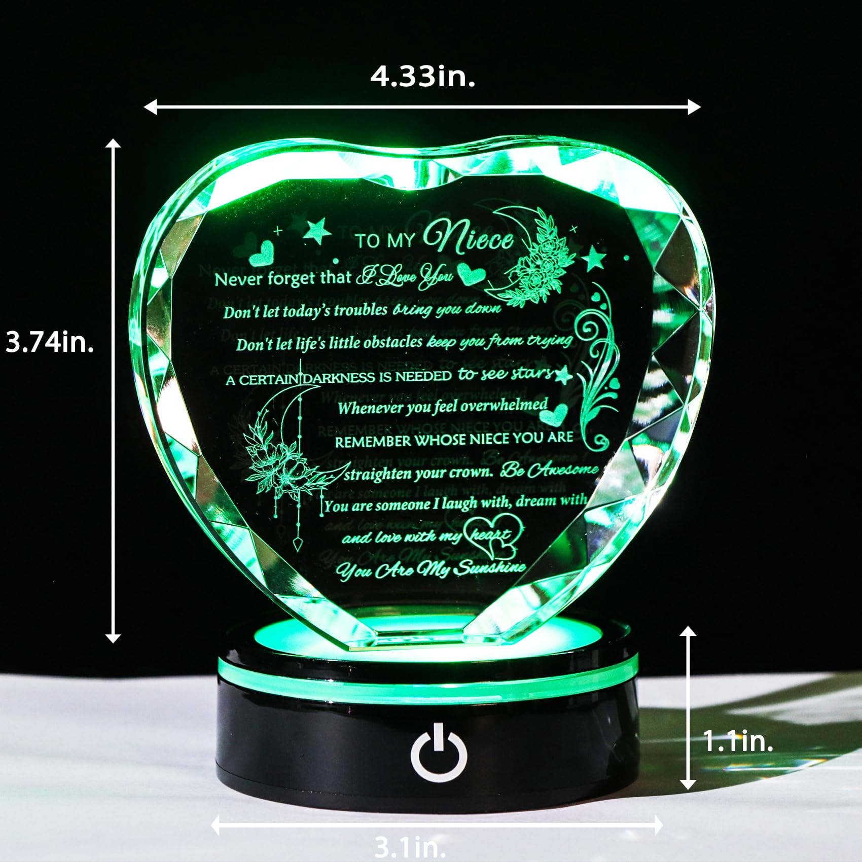 YWHL Niece Gifts from Auntie Uncle Heart Crystal Inspirational Graduation Gift for Niece with Colorful LED Base Unique Niece Gifts from Aunt on Birthday Christmas Valentine Day