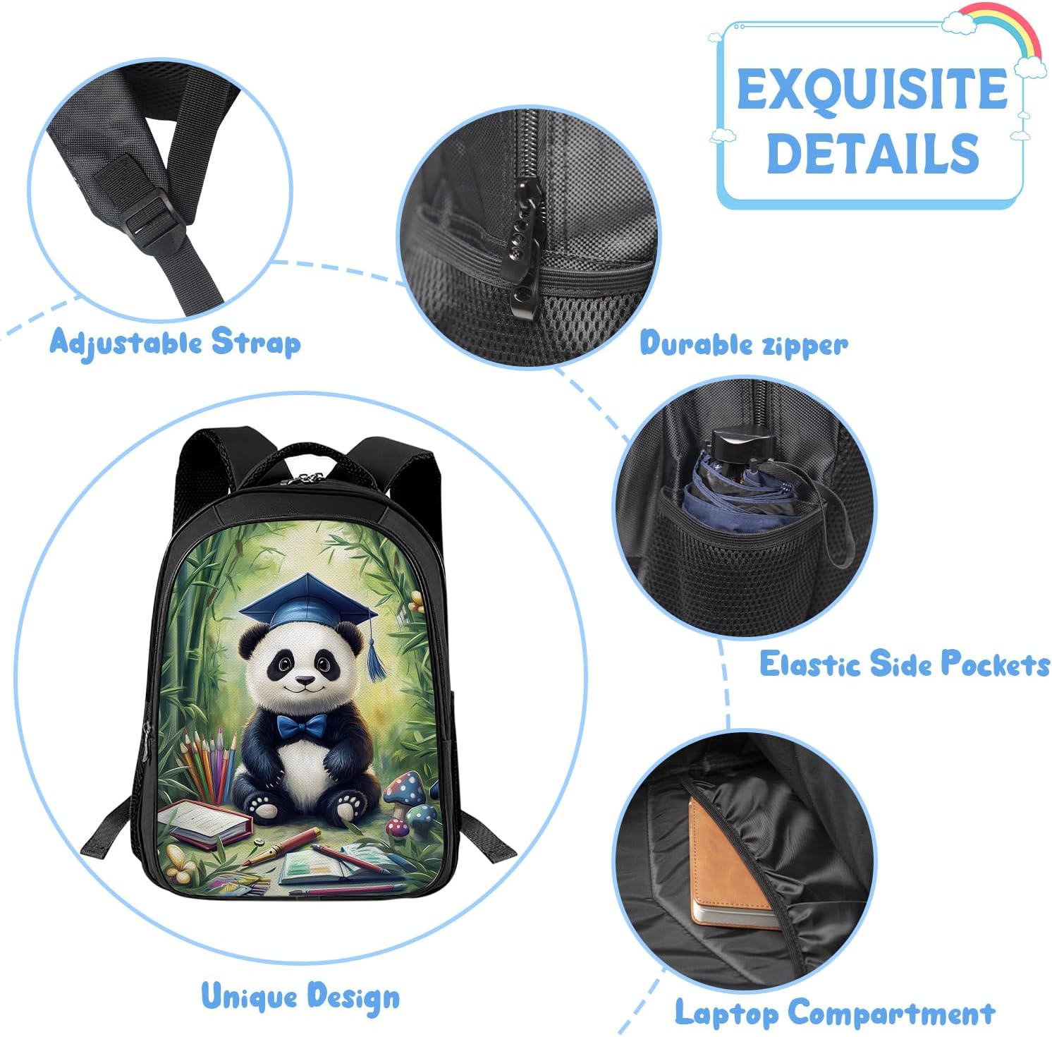 Cute Panda Backpack Bamboo 17 Inches Bookbag 3PCS Set with Lunch Box Pencil Case Daypack for Kids Girls Boys - Image 4