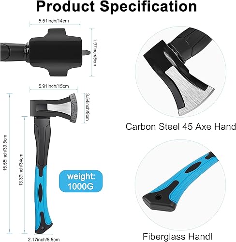 Miniatura 9 de Hacha de corte, hacha de acero al carbono forjado para exteriores de 15 pulgadas, herramienta manual tratada térmicamente, mango de reducción de