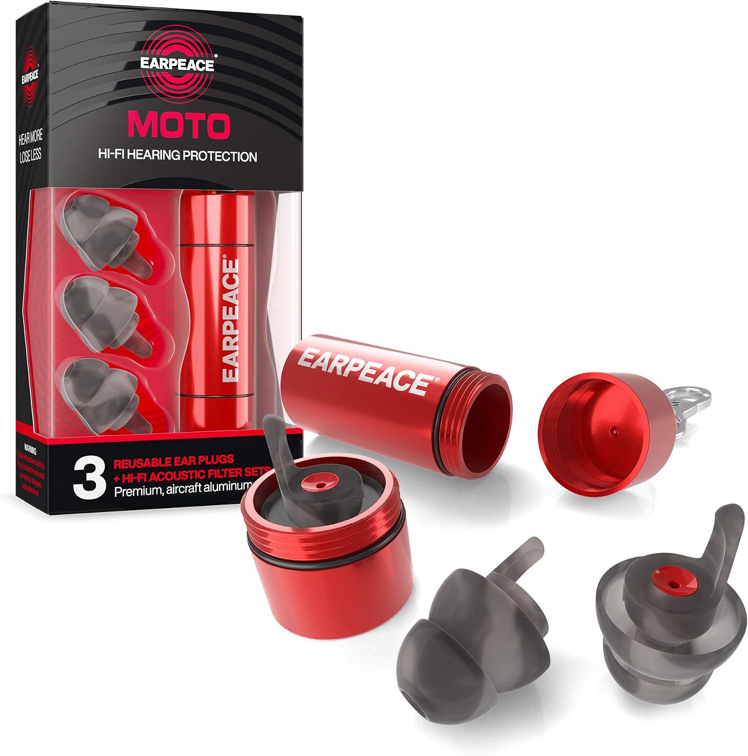 EarPeace Motorcycle Ear Plugs – Reusable High Fidelity Moto Ear Plugs for Riding, Hearing Protection for Motorsports, Work & Airplane Noise Reduction - Standard, Red Case