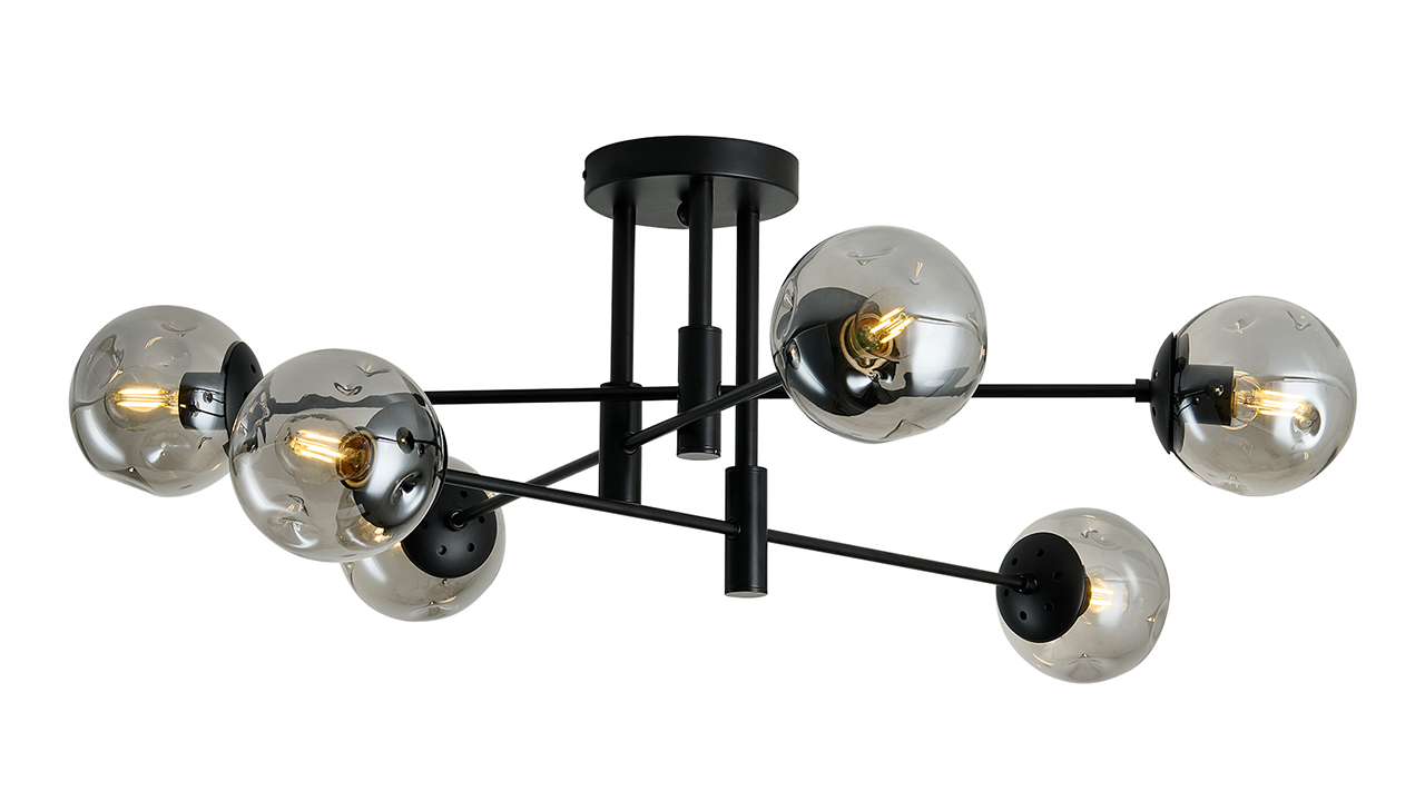 Image of 6-Lights Glass Globe Sputnik Chandelier Modern Flush Mount Ceiling Light Fixture Black Farmhouse Lighting for Dining Room Living Room Bedroom Kitchen Passageway.