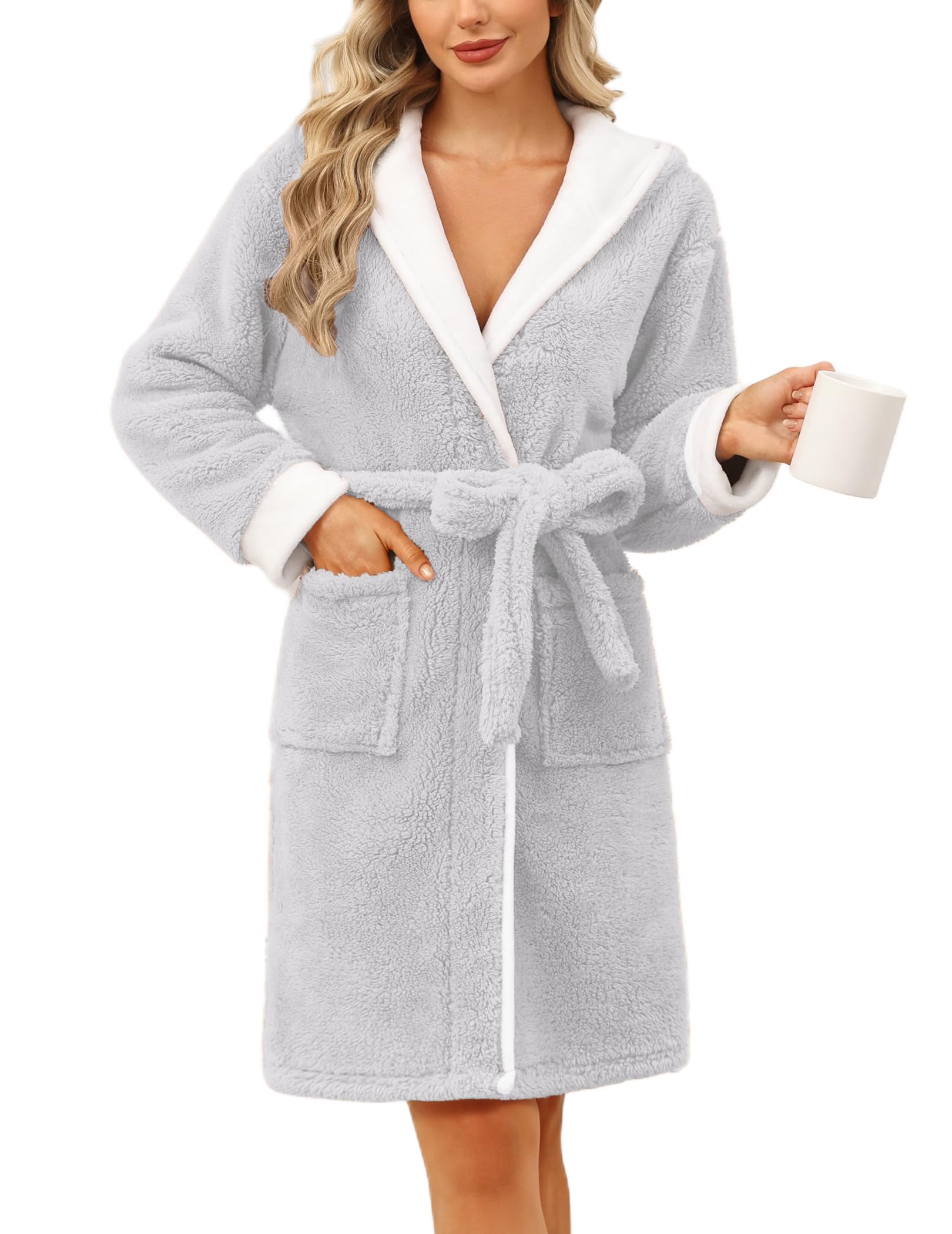 Ekouaer Womens Hooded Bathrobe Plush Short Robe Super Soft Fleece Robe Luxury Sleepwear with Pockets