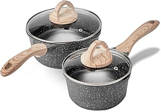 JEETEE Pots Nonstick, 1.5 Quart & 2.5 Quart Induction Granite Coating Saucepan Sets with Glass Lid & Pour Spout, PFOA Free (Grey, 4pcs Pots Set)