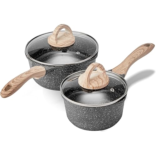 JEETEE Pots Nonstick, 1.5 Quart & 2.5 Quart Induction Granite Coating Saucepan Sets with Glass Lid & Pour Spout, PFOA Free (Grey, 4pcs Pots Set)