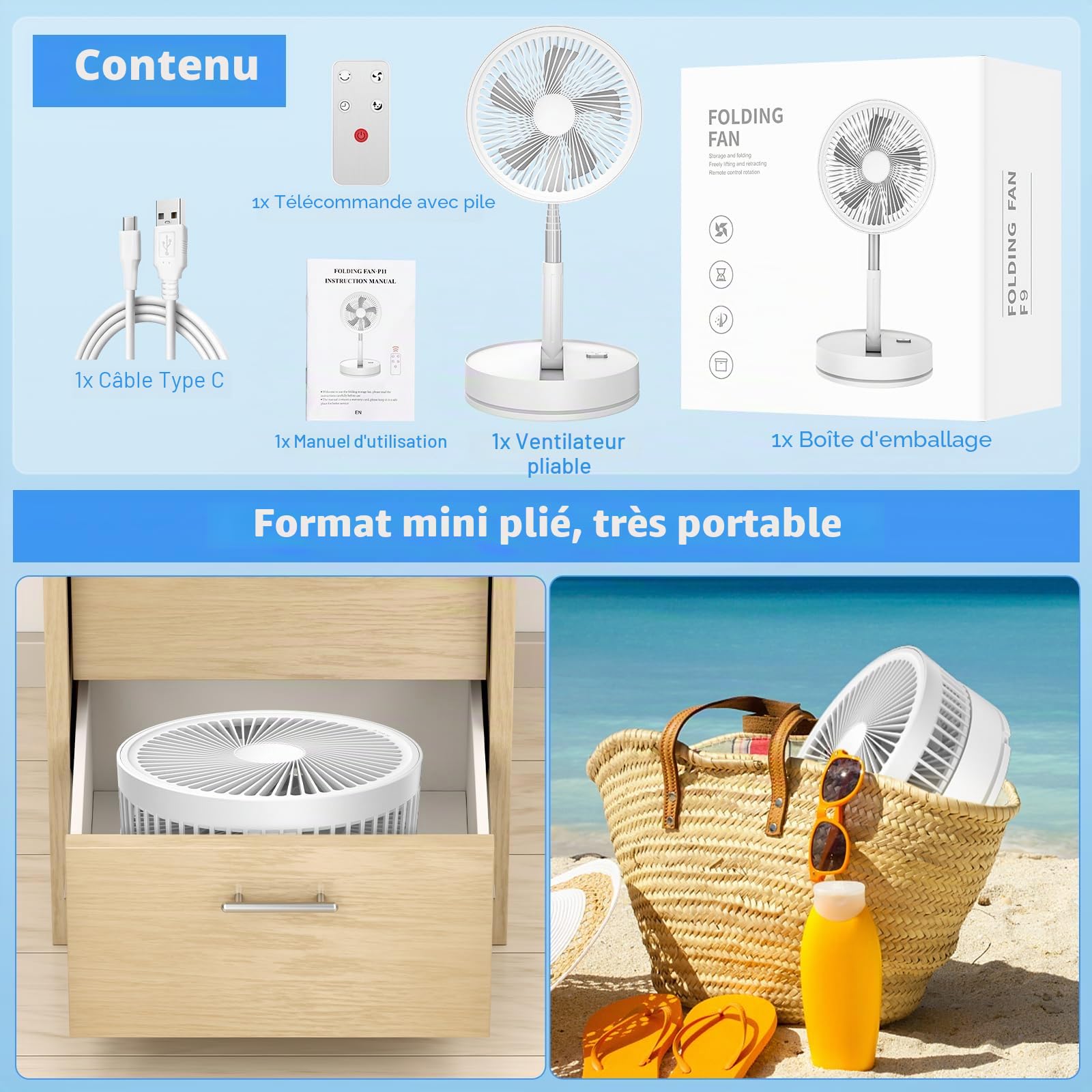 LBSTP Ventilateur sur Pied 22 dB Silencieux, 8" Ventilateur de Bureau pliable avec télécommande, batterie 8000 mAh, USB, 4 vitesses,Oscillant 180°+60°, hauteur réglable, pour chambre, bureau, voyage
