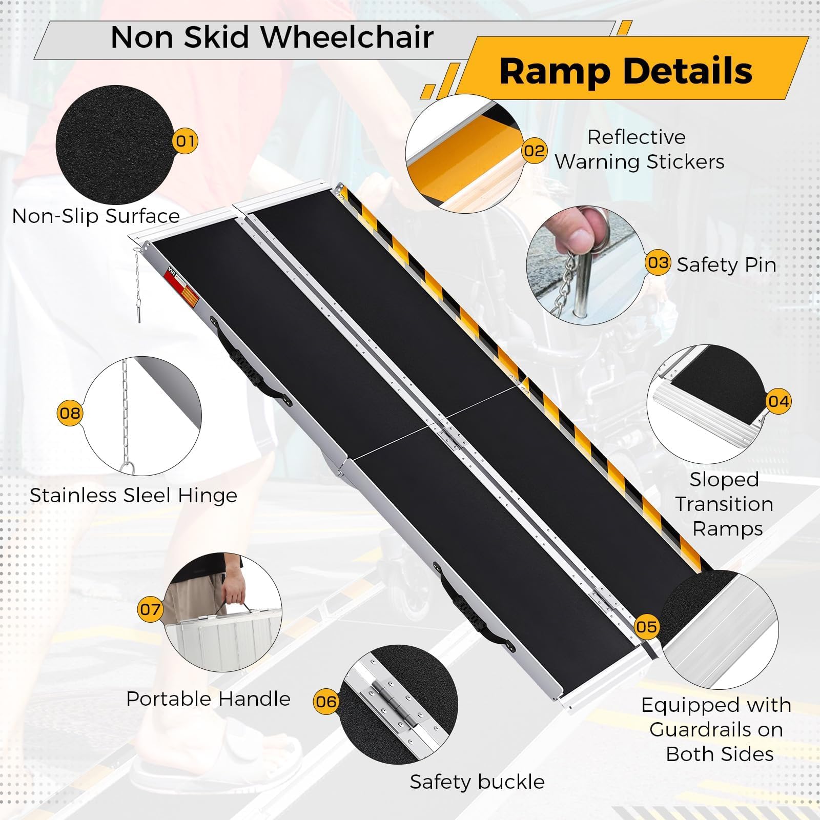 Garvee Rampa Plegable de Aluminio para Silla de Ruedas, Portátil Antideslizante con Barreras de Seguridad y Tiras Reflectantes, para Escalones, Bordillos y Puertas (182 x 74CM)