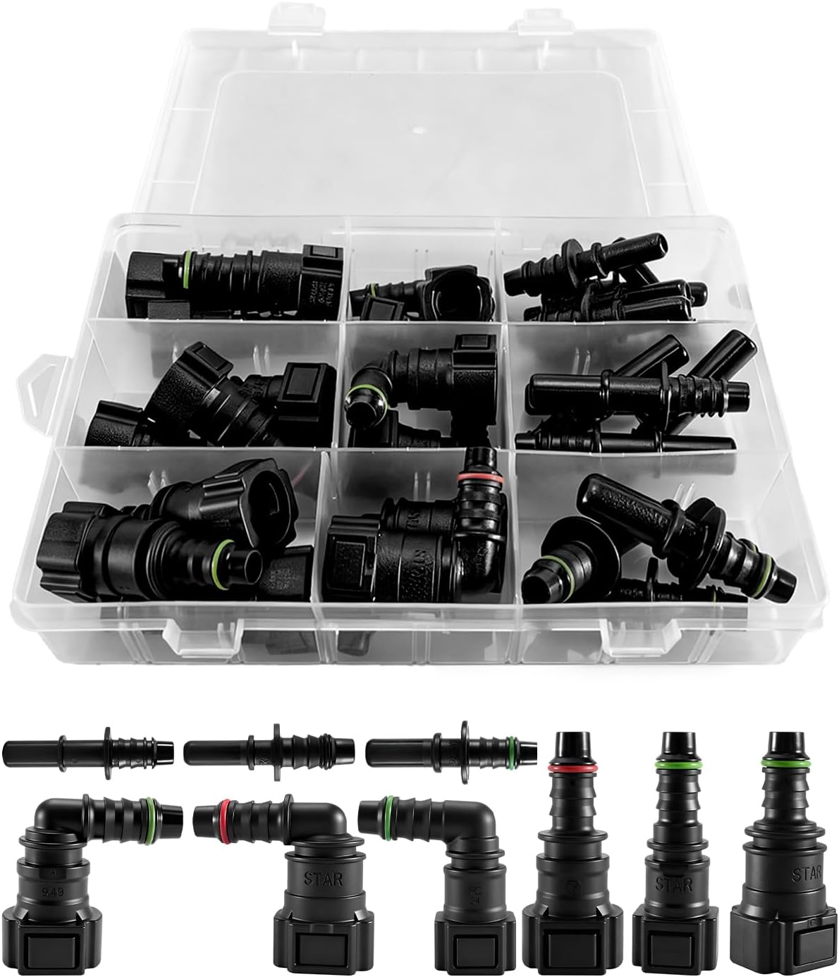 Fuel Line Repair Kit 30pcs 7.89mm 9.49mm 9.89mm to ID 8mm Fit for Machines Automotives and Boats, Fuel Line Quick Connector Set