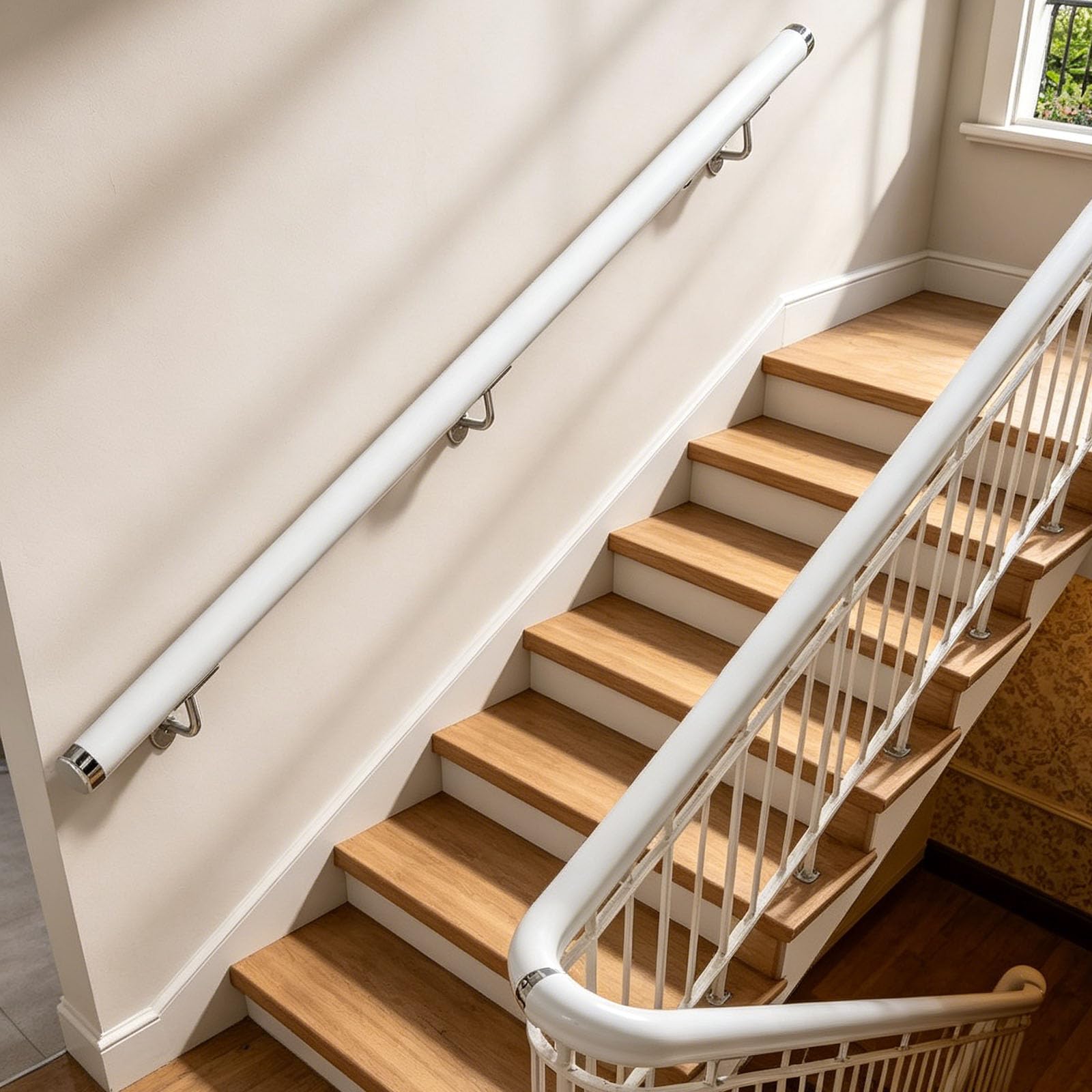 Dawselod White Wood Handrail,Round Stair Hand Rail,Wall Mounted Staircase Balustrade,Non-Slip Outdoor Safety Grab Bar for Younger/Elder/Disabled