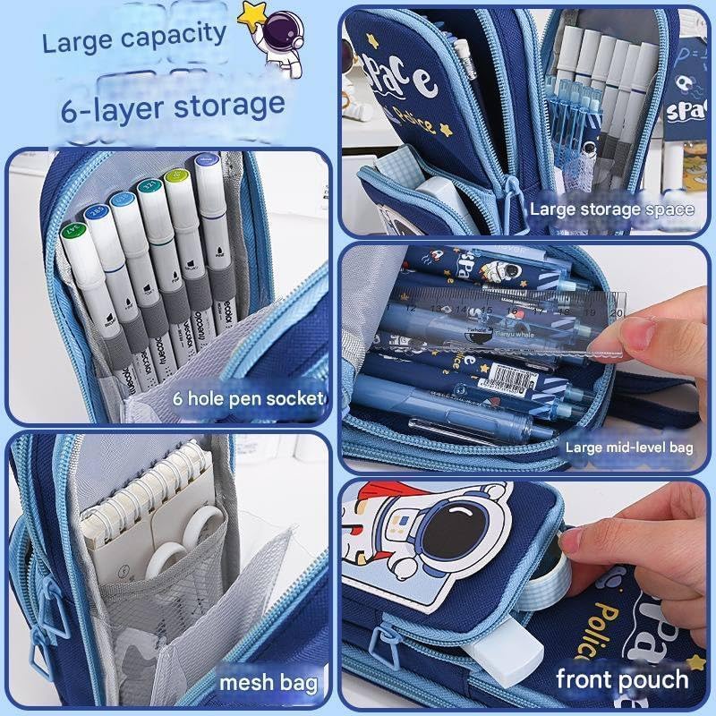 Image of Canvas Space Astronaut Pencil Case 6 Layer with 3 Compartment Cute Aesthetic Pencil Case for Boys & Girls Large Capacity Pencil Pouch for School (Cosmic Journey - Blue)