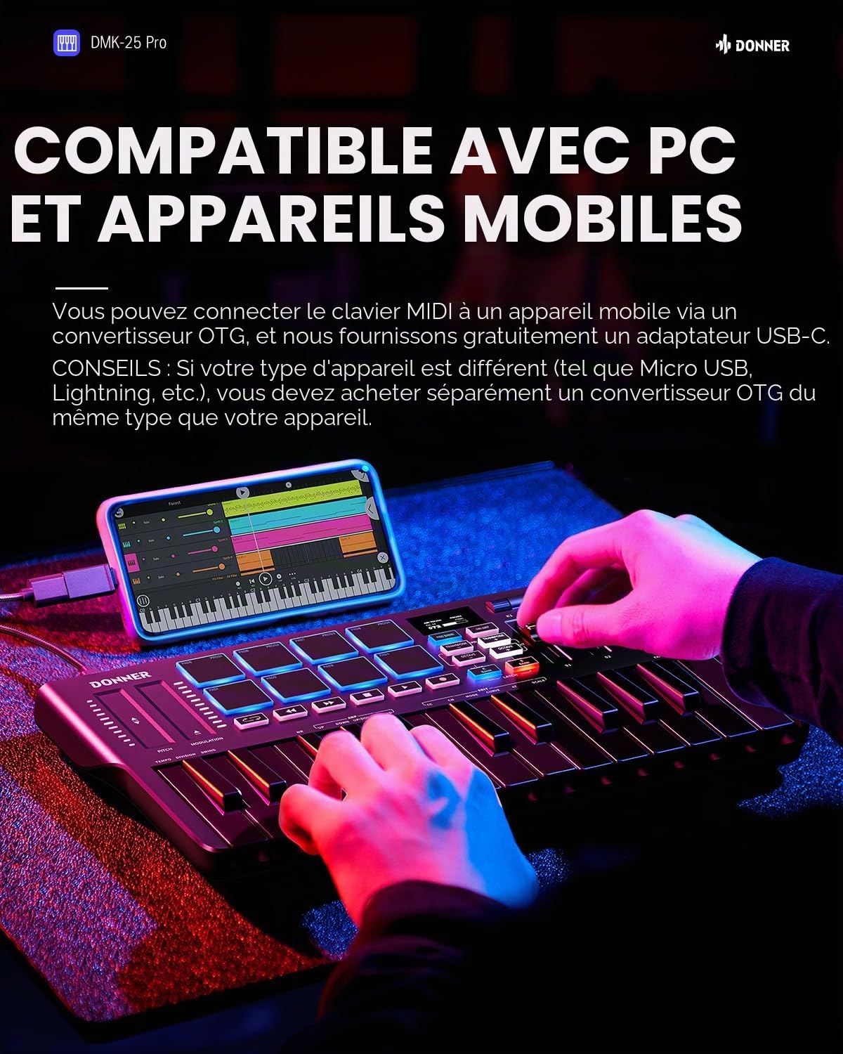 Donner Contrôleur Clavier MIDI USB-C, Mini Portable 25 Touches avec 8 Pads de Batterie,Écran OLED,16 Gammes Intelligentes,Arpège, Replay,4 Logiciels DAW et 40 Cours d’Apprentissage, DMK 25 Pro Noir