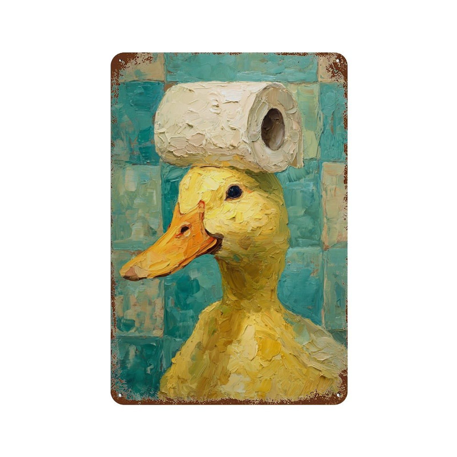 Aged Metal Wall Plaque with Duck with Toilet Paper on Head-1 Design 11.8"x7.9", for Basement, Hobby Room And Garage Decor, Farmhouse Wall Decor