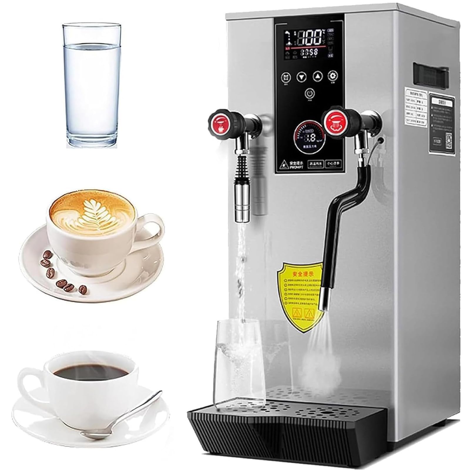 SENJINGHUA 20L Commercial Milk Steamer&Frother, 4 IN 1 Milk Foam Maker with LED Display, Stainless Steel Milk Steamer Machine Water Boiling Machine for Espresso Coffee Milk Tea Silver