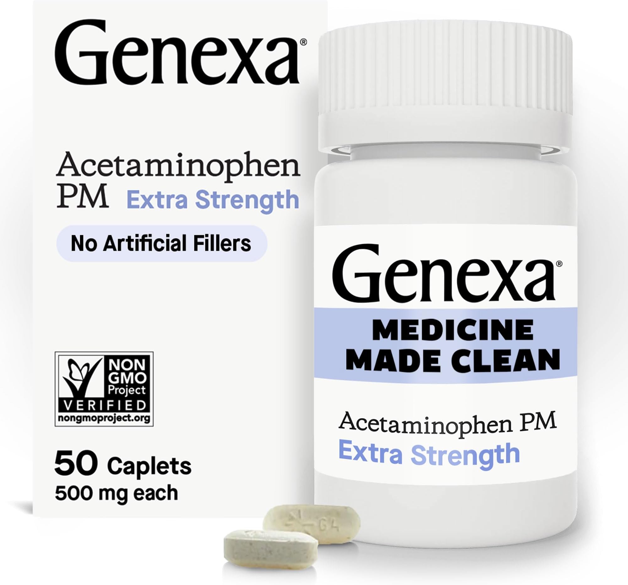 Genexa Clean Acetaminophen PM 500mg Extra Strength, Dye Free Pain Reliever, Nighttime Sleep Aid, Fever Reducer, 0% Artificial Additives, Relieves Headache, Backache, Minor Arthritis Pain, 50 Tablets