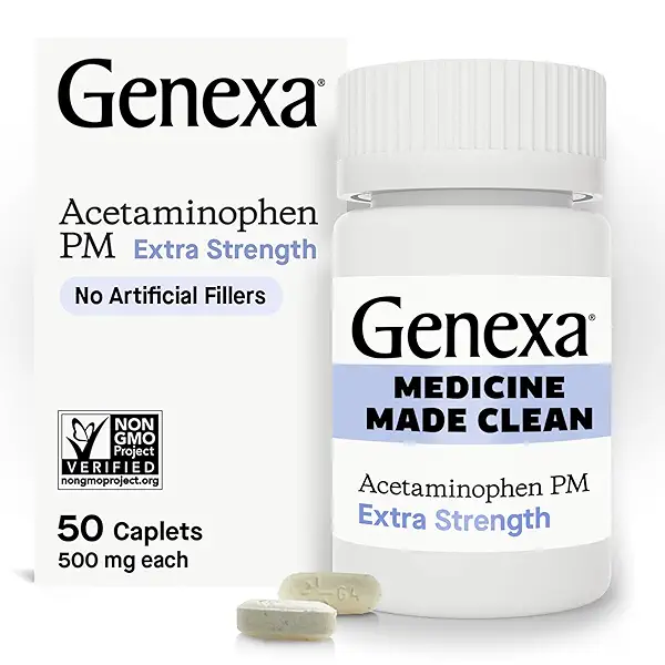 Genexa Clean Acetaminophen PM 500mg Extra Strength, Dye Free Pain Reliever, Nighttime Sleep Aid, Fever Reducer, 0% Artificial Additives, Relieves Headache, Backache, Minor Arthritis Pain, 50 Tablets 1