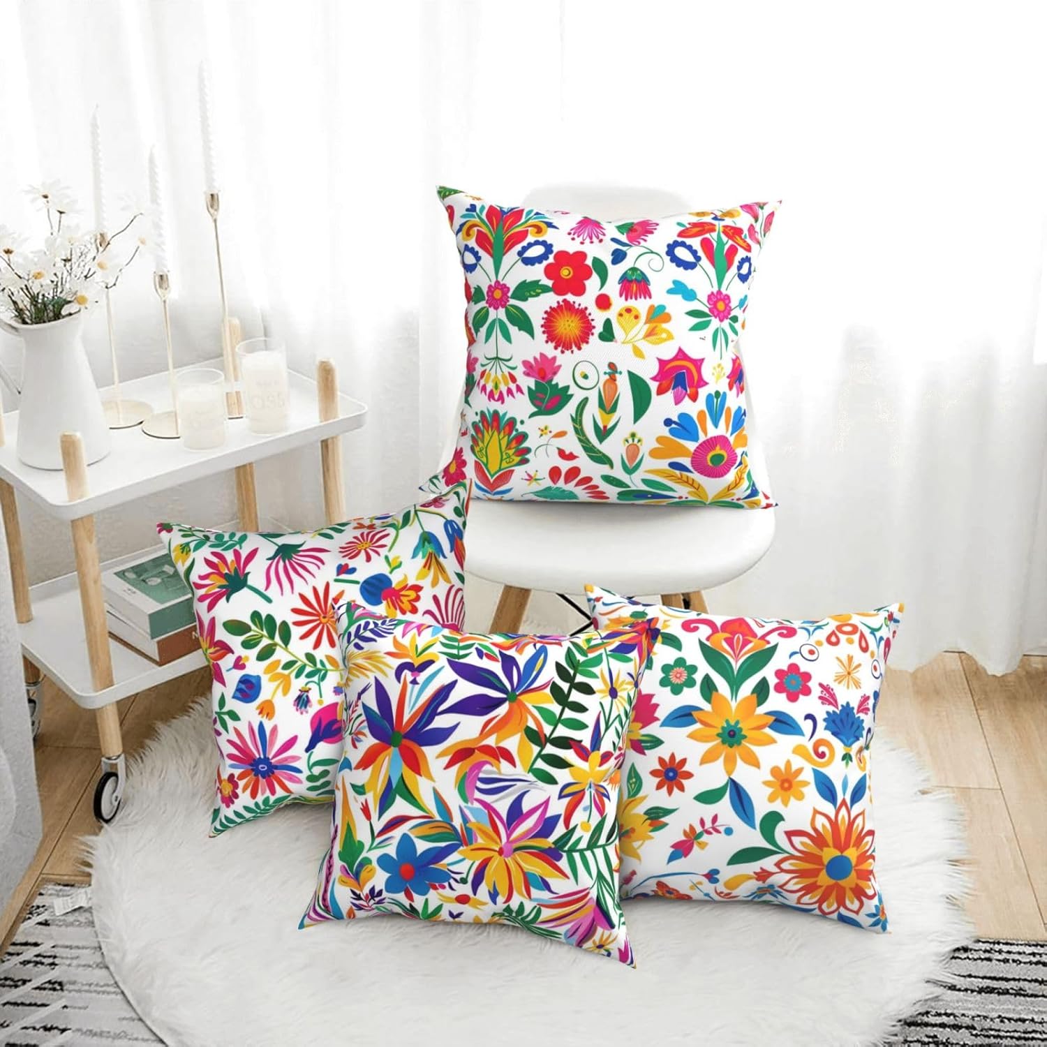 HOSTECCO Colorful Mexican Throw Pillow Covers 20x20 inch Set of 4 Floral Pillow Cases Ethnic Flowers Decorative Cushion Covers for Sofa Couch Bed
