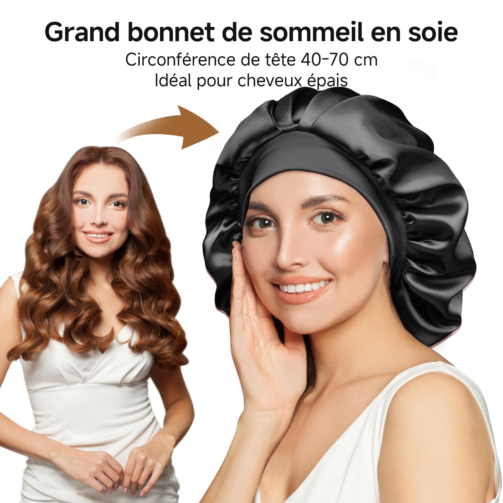 Umisleep Bonnet Soie Cheveux Nuit avec Doublure Soie de mûrier 22 Momme – Double Couche, Grande Taille pour Cheveux Longs ou bouclés, Bande Large réglable, Ultra-Doux, Noir+Violet