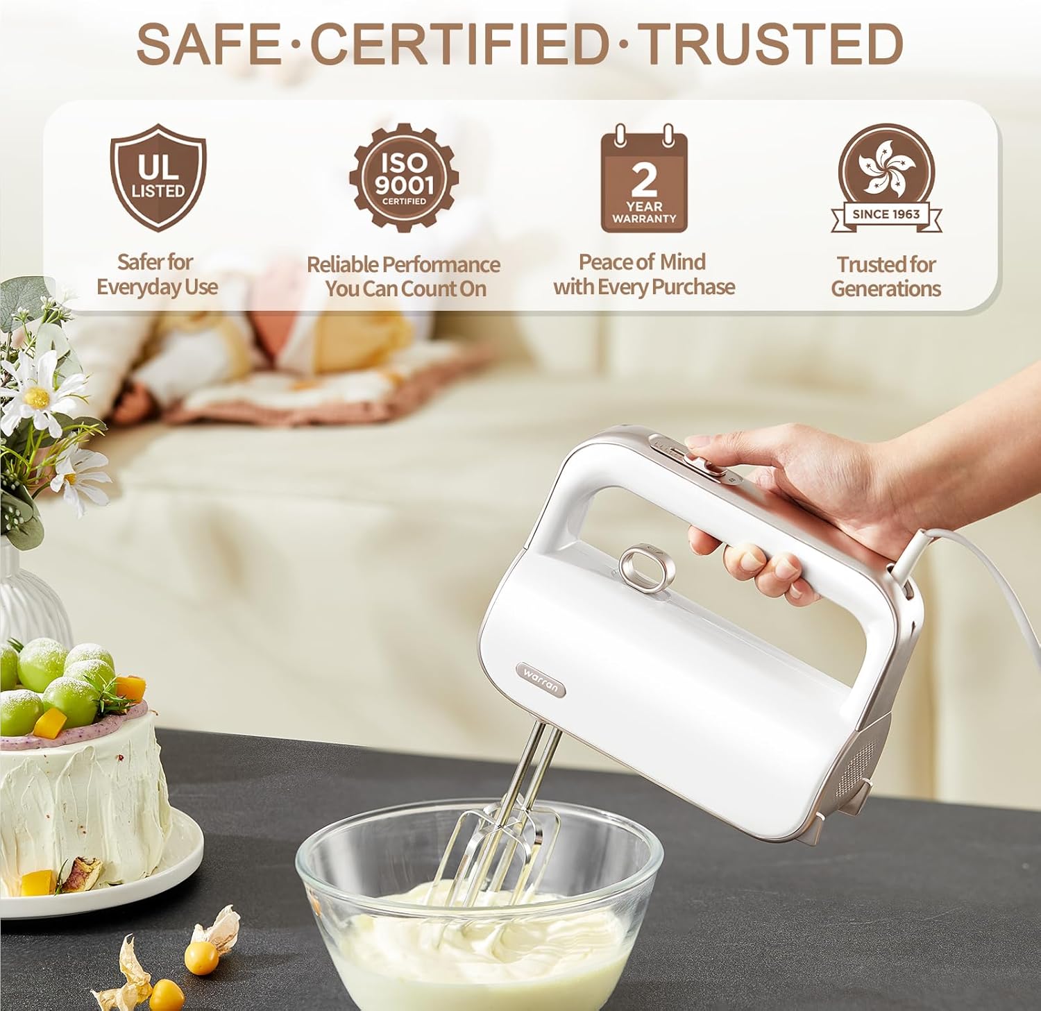 Master 4-in-1 Electric Hand Mixer with Turbo Boost, Stainless Steel Whisk, Beaters, Dough Hooks & Milk Frother, Lightweight Handheld Mixer for Baking & Coffee, Champagne Gold