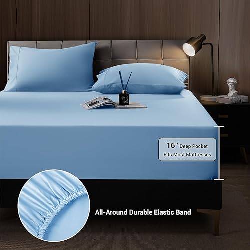 Miniatura 7 de Shilucheng - Juego de 6 piezas de sábanas de bambú de 1800 hilos egipcios para cama de tamaño Matrimonial, bolsillos de 16 pulgadas de profundidad,