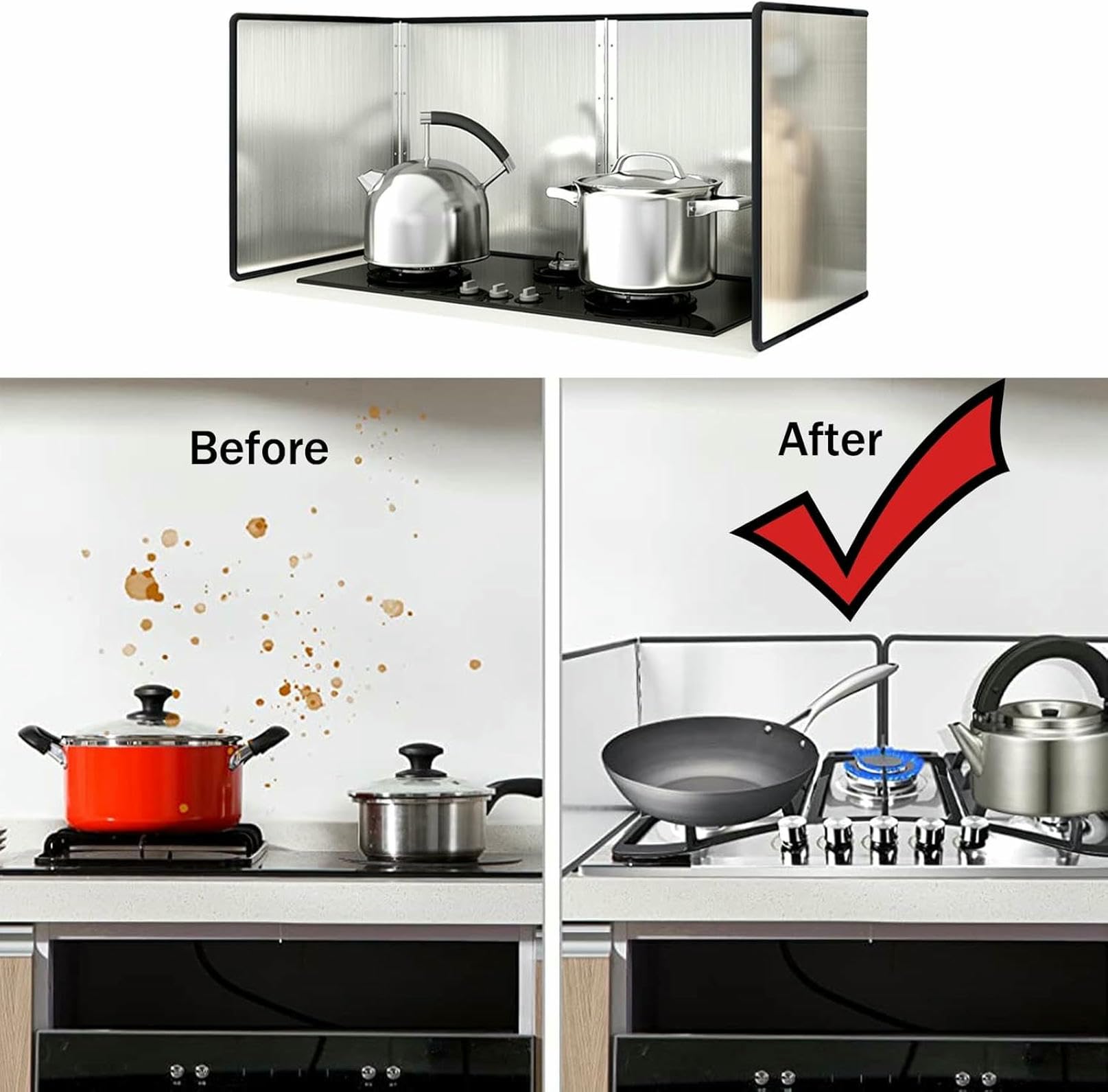 Protezione antispruzzo di Grasso per fornelli Pieghevoli, Protezione antispruzzi per padelle, Protezione per Scudo antispruzzo da Cucina, per Protezione Schermo Stufa (3 Sides 75x80x50cm)