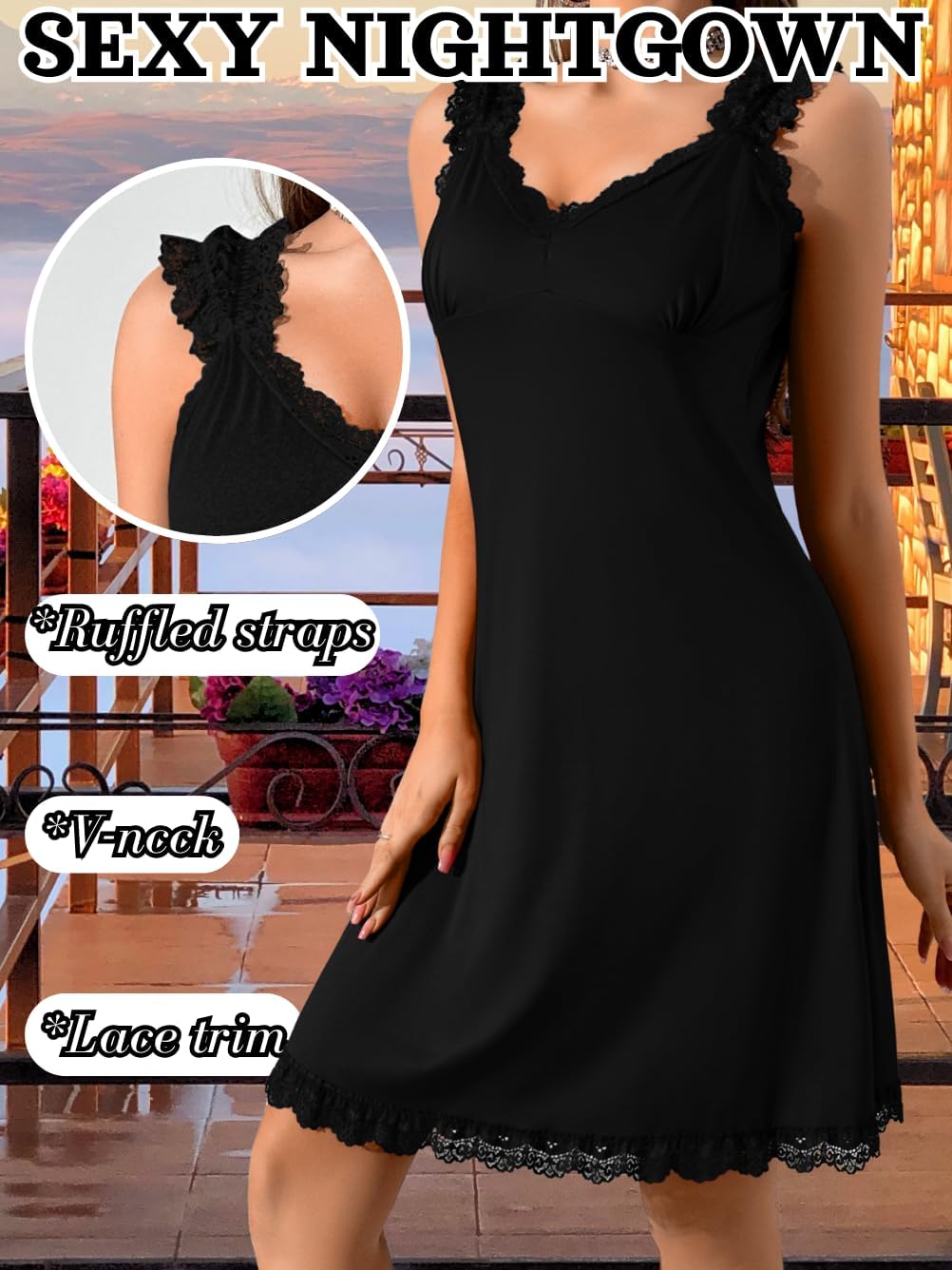 EHSUTAB Women Sexy Chemise Nightgowns, Back Slit Backless Butterfly Sleeveless Lingerie Sleepwear, Full Slip Lace Trim Dress - Image 2