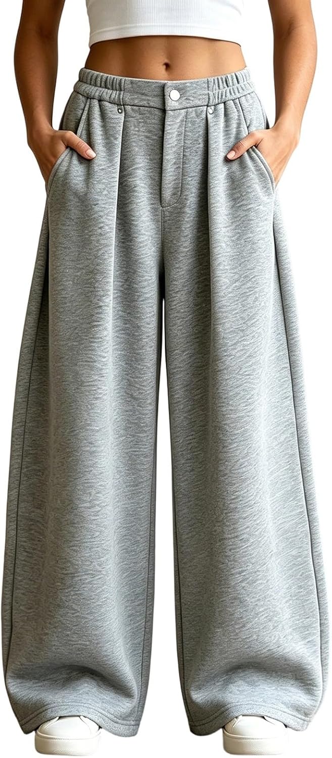 Women's Baggy Sweatpants Elastic High Waisted Wide Leg Loose Casual Workout Pants with Pockets Fall Winter Trousers