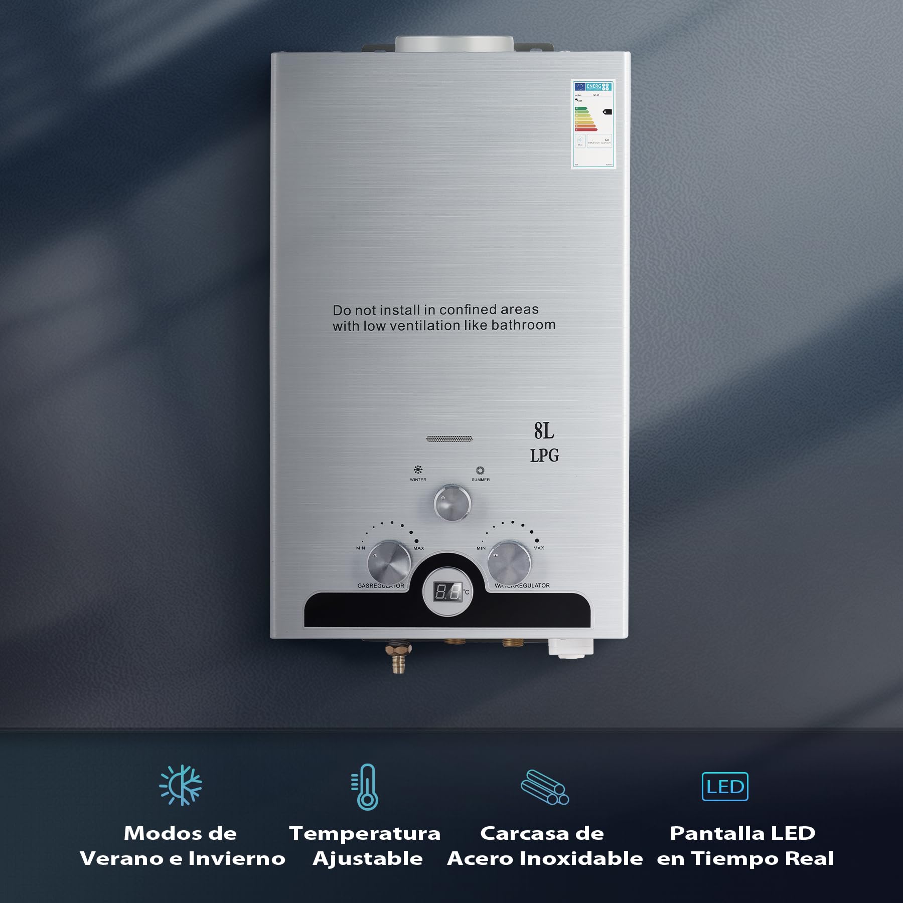 CO-Z 8L Calentador de Agua Butano Calentador de Agua LPG Instantáneo, Certificado CE, Calentador de Agua de Gas Licuado de Petróleo sin Tanque