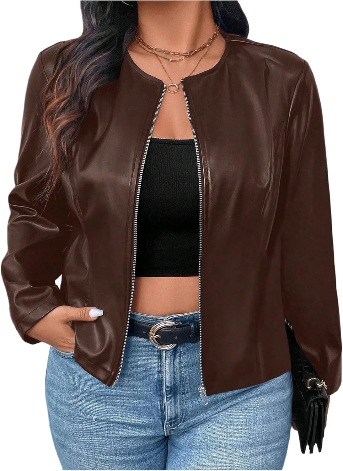 SOLY HUX Women's Plus Size PU Leather Jacket Zip Up Crew Neck Long Sleeve Bomber Jacket Outerwear