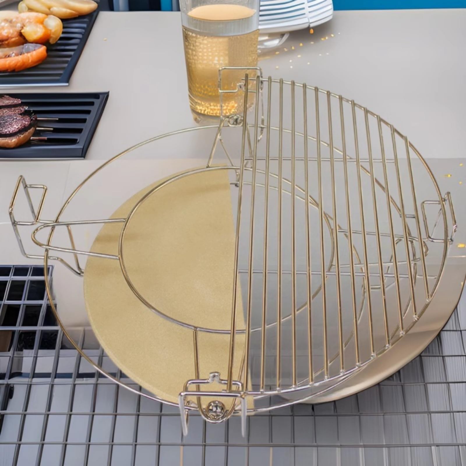 Qianly Pizzastein Grill Pizzaplatte Backstein Backplatte mit Griffigem Edelstahlrahmen aus Cordierit für Einfache Entnahme Und Gleichmäßiges Rösten für grill, 16 Zoll