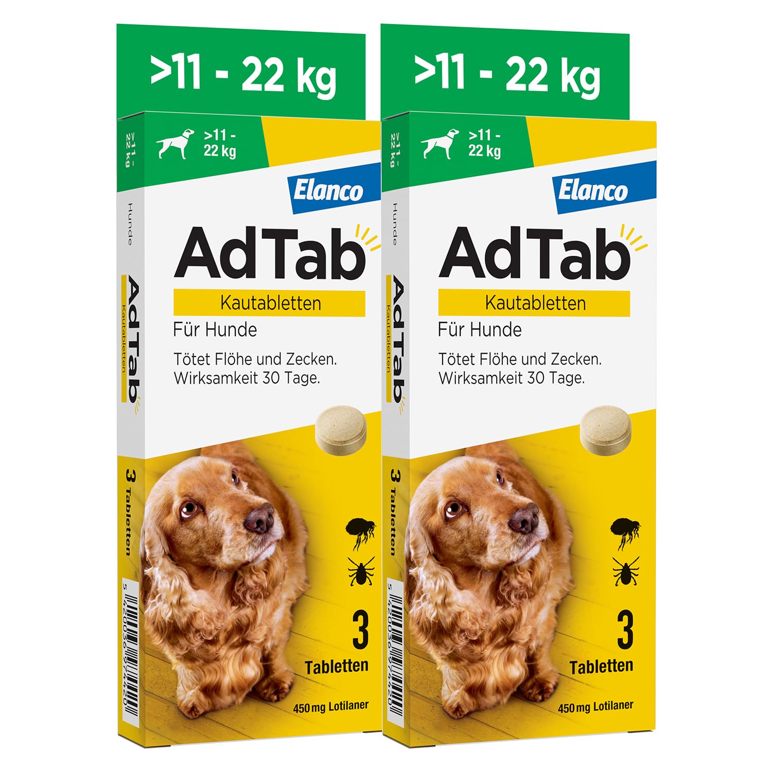 AdTab Hund 11-22 kg - Kautablette gegen Zecken & Flöhe, Doppelpack(6 St.) | Kleine Kautablette mit Rindfleischgeschmack. 3 Monate Floh- & Zeckenschutz für deinen Hund, schnelle Wirkung & einfache Gabe.