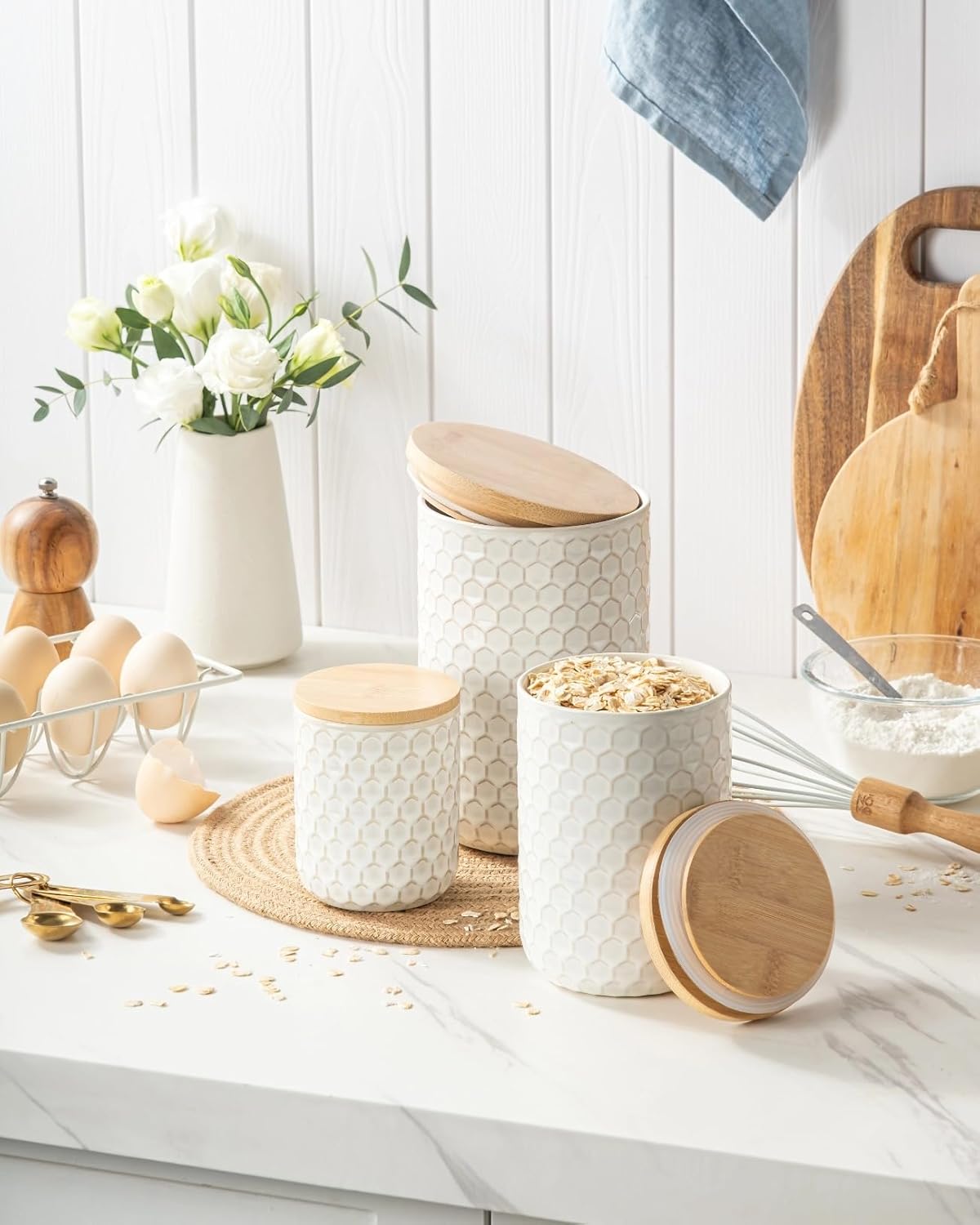 Besmeety Canisters Sets for the Kitchen, Flour Sugar Storage Containers, Ceramic Kitchen Canisters for Countertop with Airtight Lid, 11oz 28oz & 50oz Coffee Tea Sugar Container Set of 3