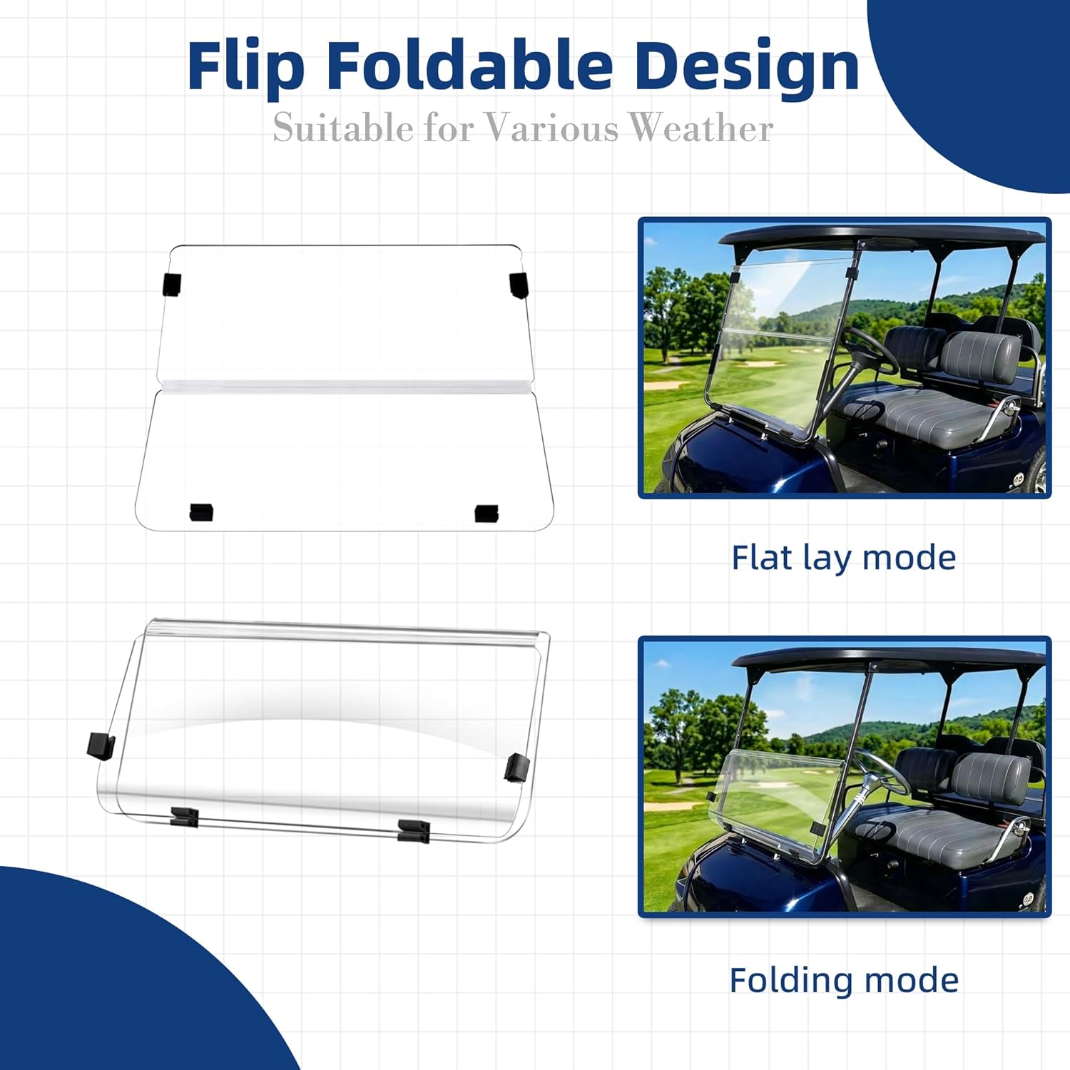 Golf Cart Windshield for Yamaha G14 G16 G19 (1995-2003) Models, Clear Foldable 3/16" (5MM) Thicken Acrylic Windshield, High Definition, Scratch-resistant, Impact Resistant and Shatterproof