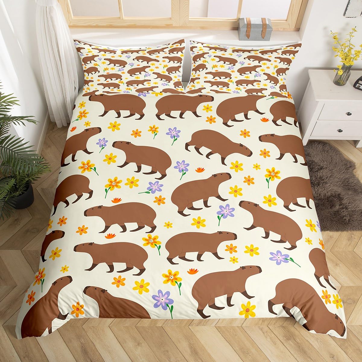 Homemissing Cartoon Capybara Duvet Cover Brown Capybara Bedding Set Floral Capybaras Comforter Cover for Kids Boys Girls Funny Cute Capybara Bedspread Cover Decor Quilt Cover Single โ image 1