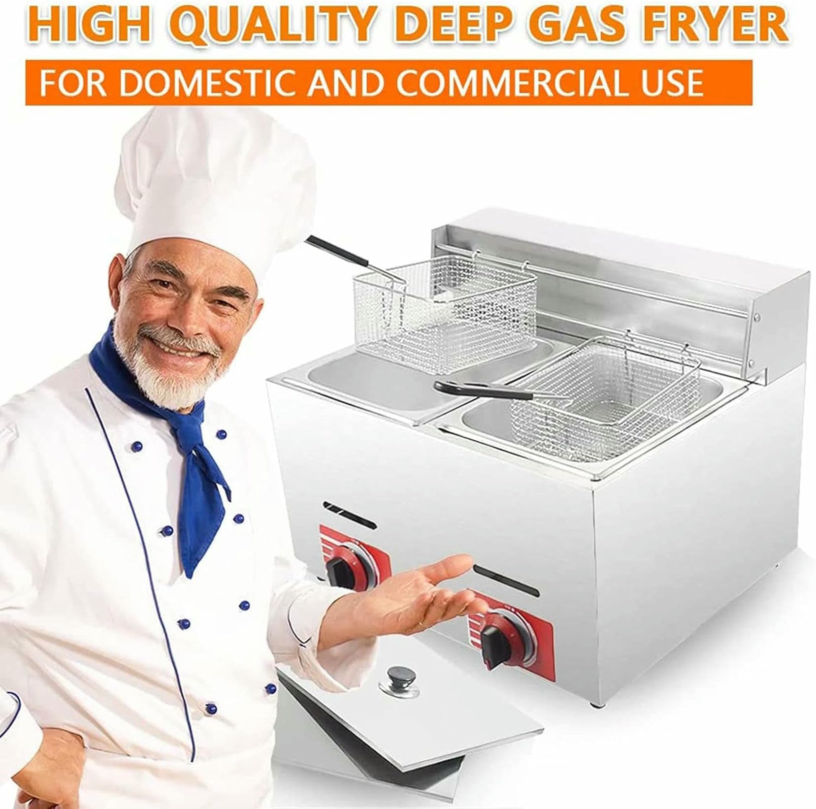 Freidora a Gas, freidora Comercial, freidora a Gas de Acero Inoxidable con cestas y Tapa, de encimera, para Uso intensivo en restaurantes, fácil de Limpiar, Potencia de Fuego ajust~/