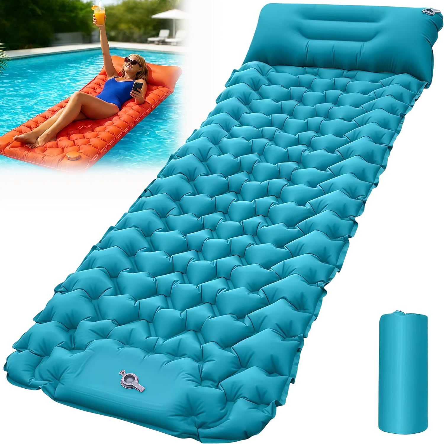 Thickened and Widened Lounge Mat - Your Portable Chill Zone, Thick Memory Foam Sleeping, Self Inflating Travel Air Mattress with Pump (Light Blue-Thickened and Widened)