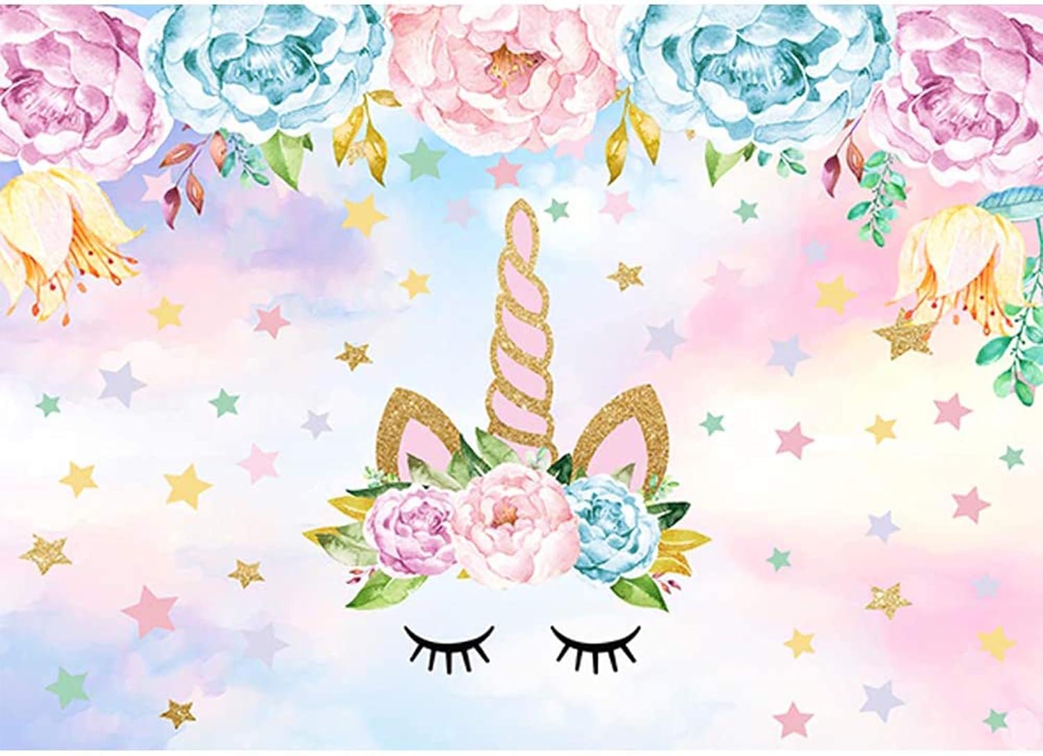 Allenjoy 5x3ft Vinyl Unicorn Theme Party Background Gold Flower Stars Sky Photography Backdrop for Children Newborn Birthday Dessert Table Decorations Banner Baby Shower Photo Studio Photobooth