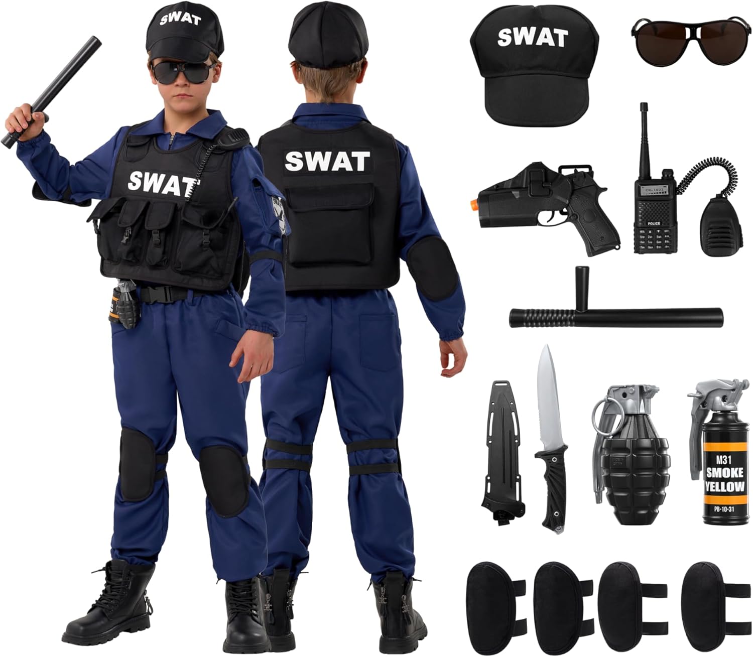 Spooktacular Creations 17 Pcs SWAT Police Costume for Boys, Kids Police Outfit Set, Halloween Dress Up Clothes for Cosplay