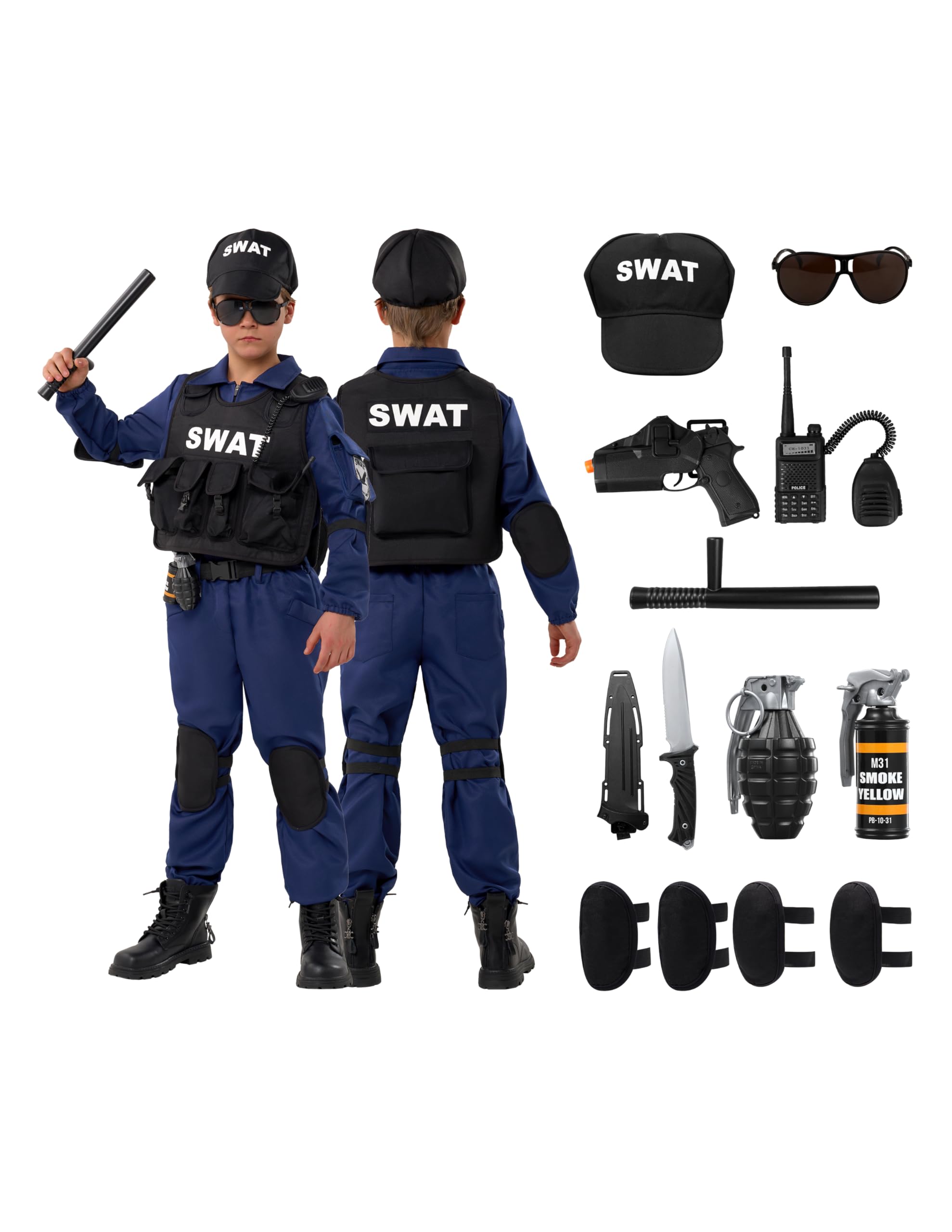 Photo 1 of ***Missing pcs., only pants and vest included***Spooktacular Creations 17 Pcs SWAT Police Costume for Boys, Kids Blue Police Outfit Set, Halloween Boy Dress Up Clothes for Cosplay, Pretend Role Party